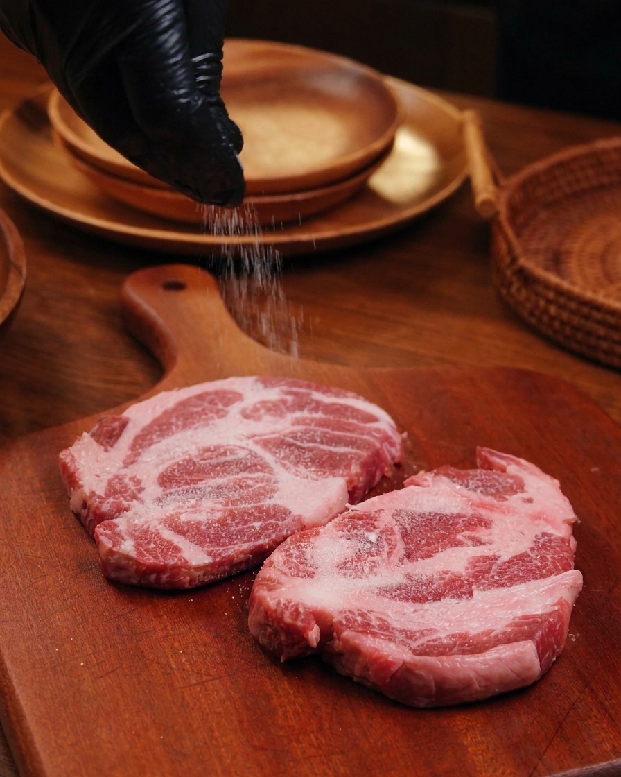 Sel saupoudré de haut sur deux morceaux déchine de porc crue posés sur une planche en bois.