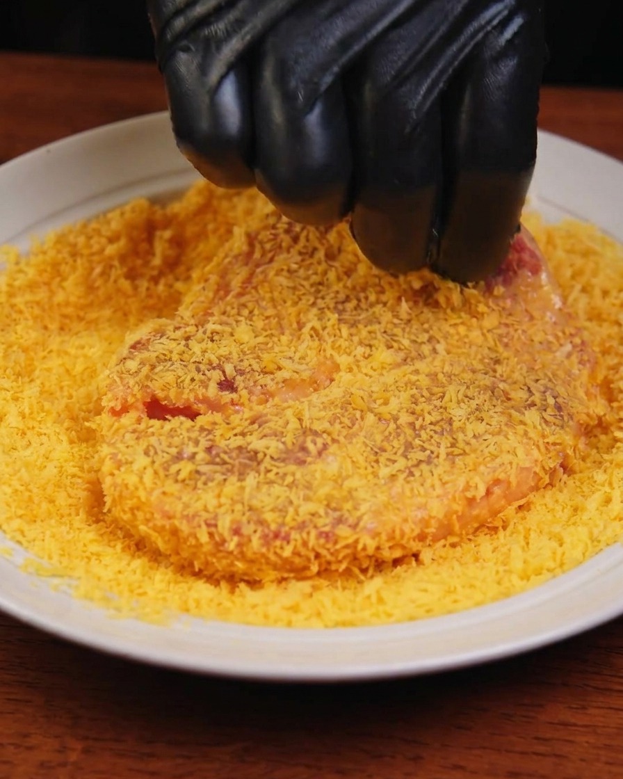 Main pressant un morceau de porc dans un lit épais de chapelure panko dorée sur une assiette blanche.