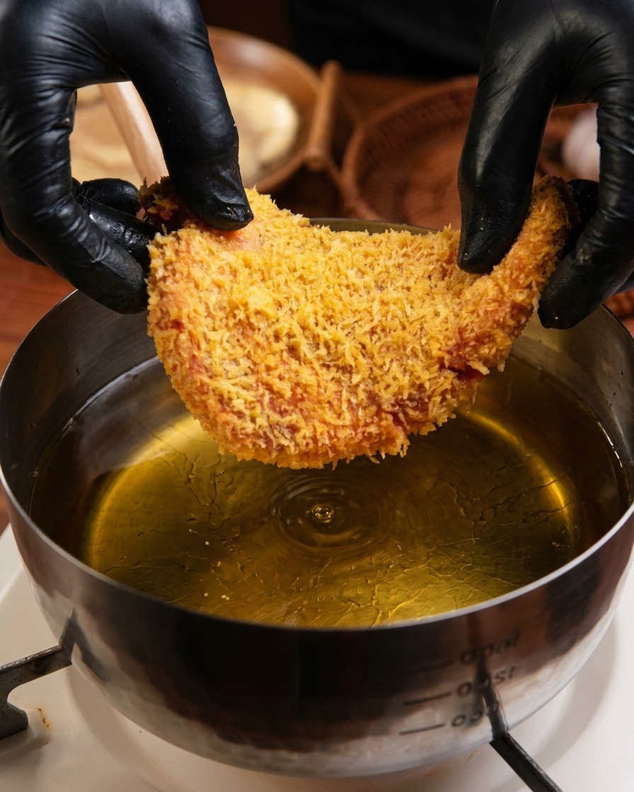 Main gantée déposant délicatement une escalope panée dans une casserole dhuile chaude et frémissante.
