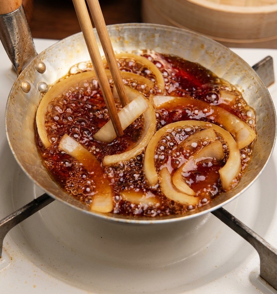 Oignons blancs tranchés ajoutés avec des baguettes à une sauce brune bouillonnante dans une poêle en métal martelé.