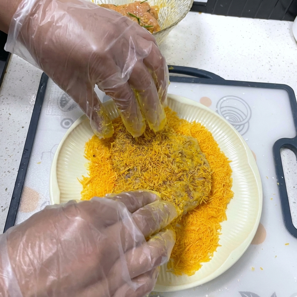 Des mains gantées pressent un morceau de longe de porc dans un lit de chapelure panko jaune vif sur une assiette blanche.