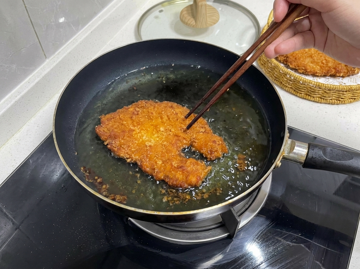 Des baguettes en bois tiennent une côtelette de porc frite dun brun doré profond au-dessus dune poêle dhuile bouillonnante.