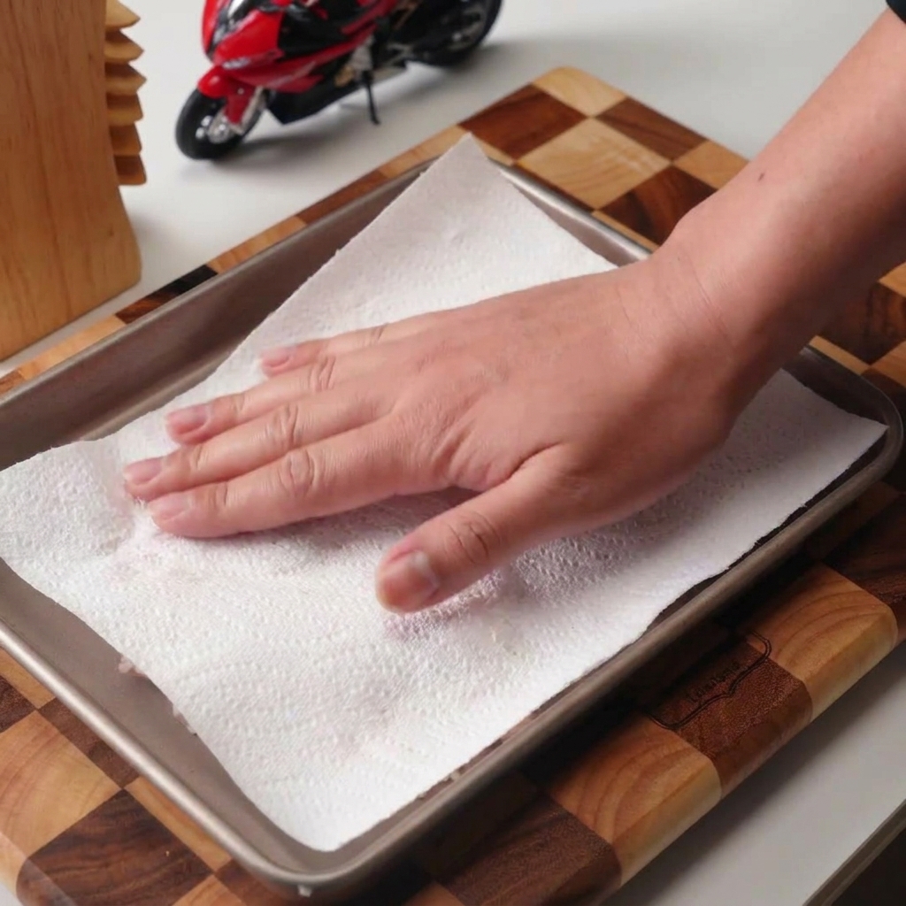 Une main pressant du papier absorbant sur des hauts de cuisse de poulet crus pour les sécher sur un plateau.