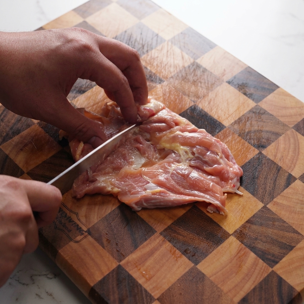 Gros plan dun couteau pratiquant de légères incisions diagonales dans la chair rosée dun haut de cuisse de poulet sur une planche.