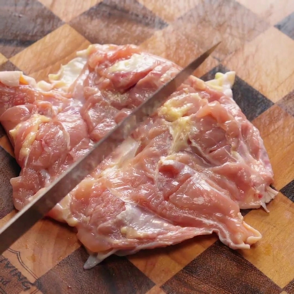 Le dos dun couteau de cuisine frappant et aplatissant un haut de cuisse de poulet sur une planche à découper en bois.