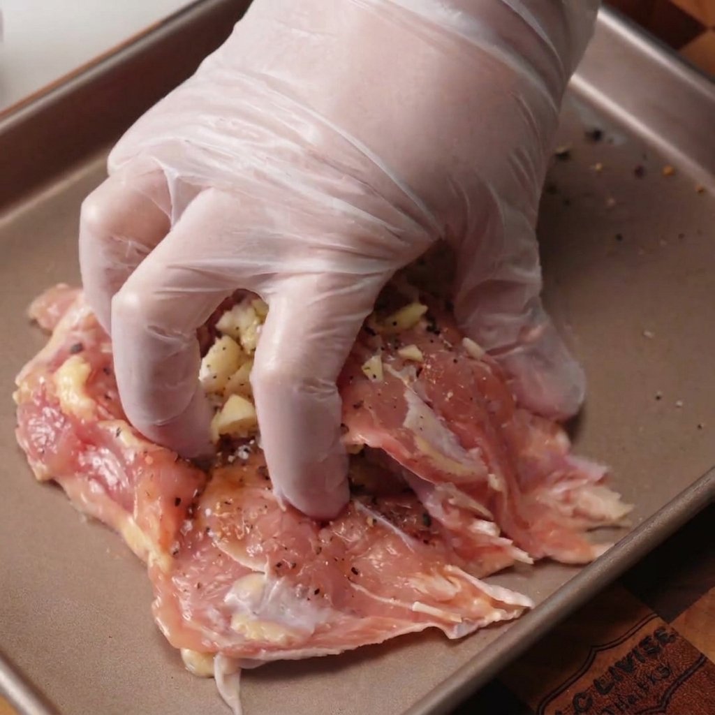 Une main massant de lail haché et du poivre noir sur des hauts de cuisse de poulet dans un plat en métal.