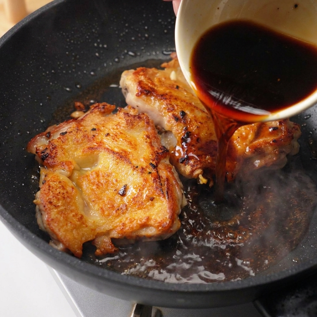 Une sauce brune épaisse versée dun bol blanc sur deux hauts de cuisse de poulet dans une poêle.