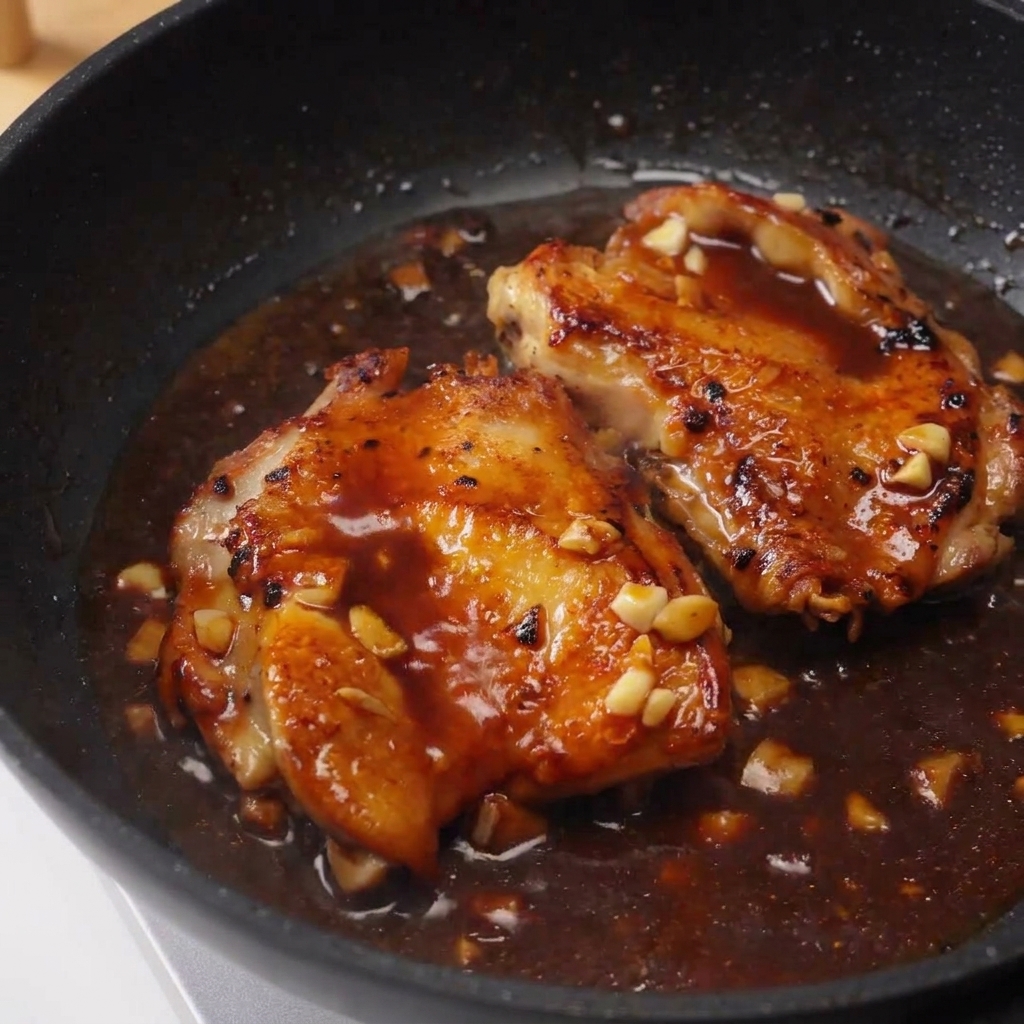 Deux morceaux de poulet laqués dans une poêle, arrosés dune sauce sombre et brillante à laide dune cuillère.