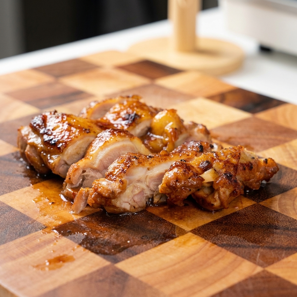 Un haut de cuisse de poulet glacé coupé en tranches régulières sur une planche à découper en bois.