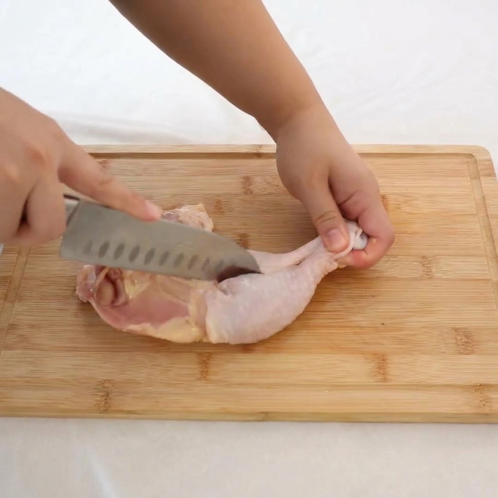 Mains utilisant un couteau bien aiguisé pour retirer los central dune cuisse de poulet crue.