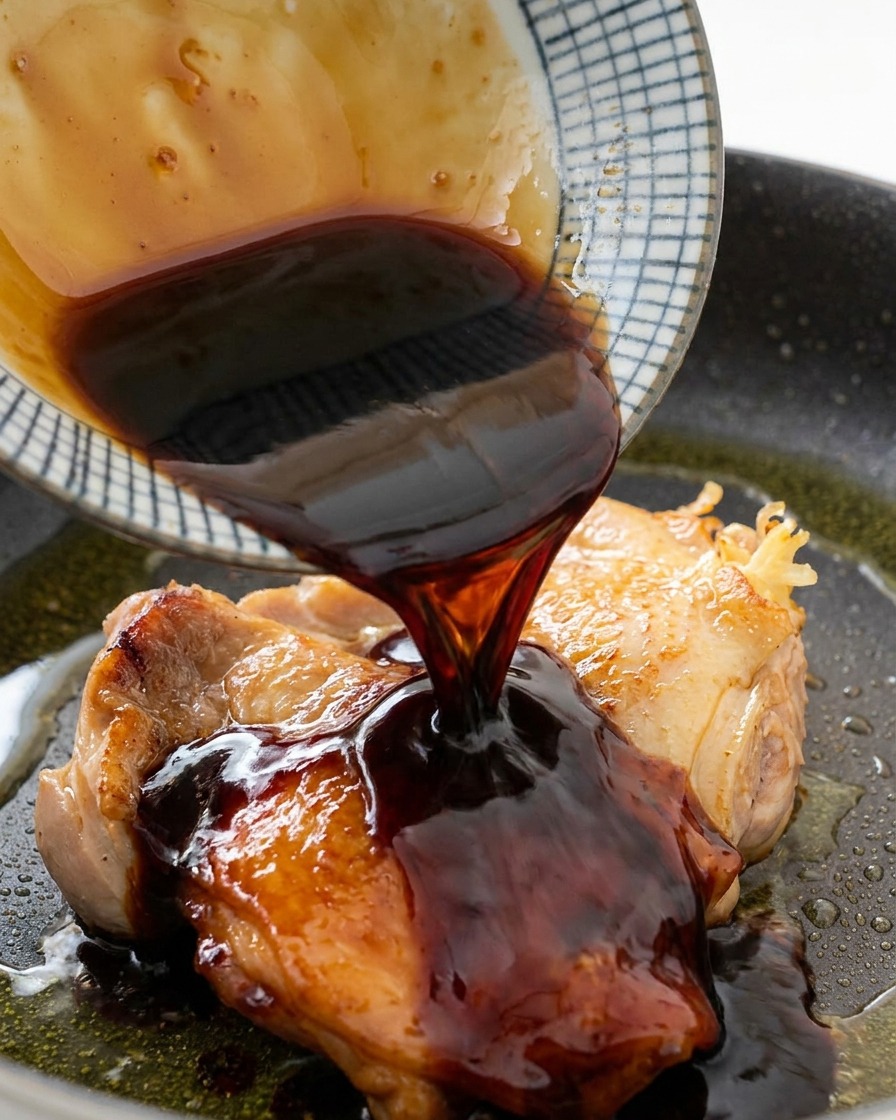 Glaçage sombre et brillant versé sur les cuisses de poulet saisies dans la poêle.