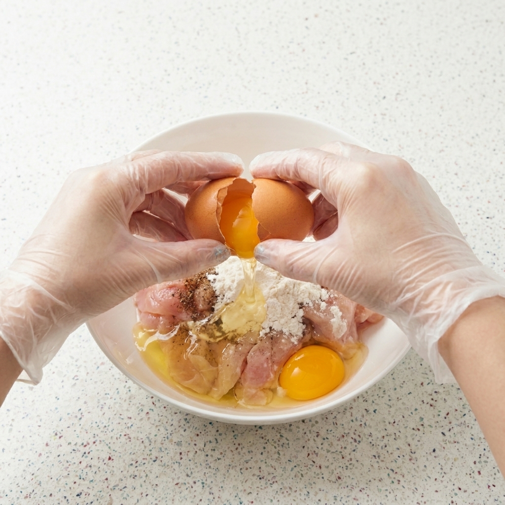 Deux mains gantées cassant un œuf dans un bol contenant les filets de poulet, de la fécule et du poivre.