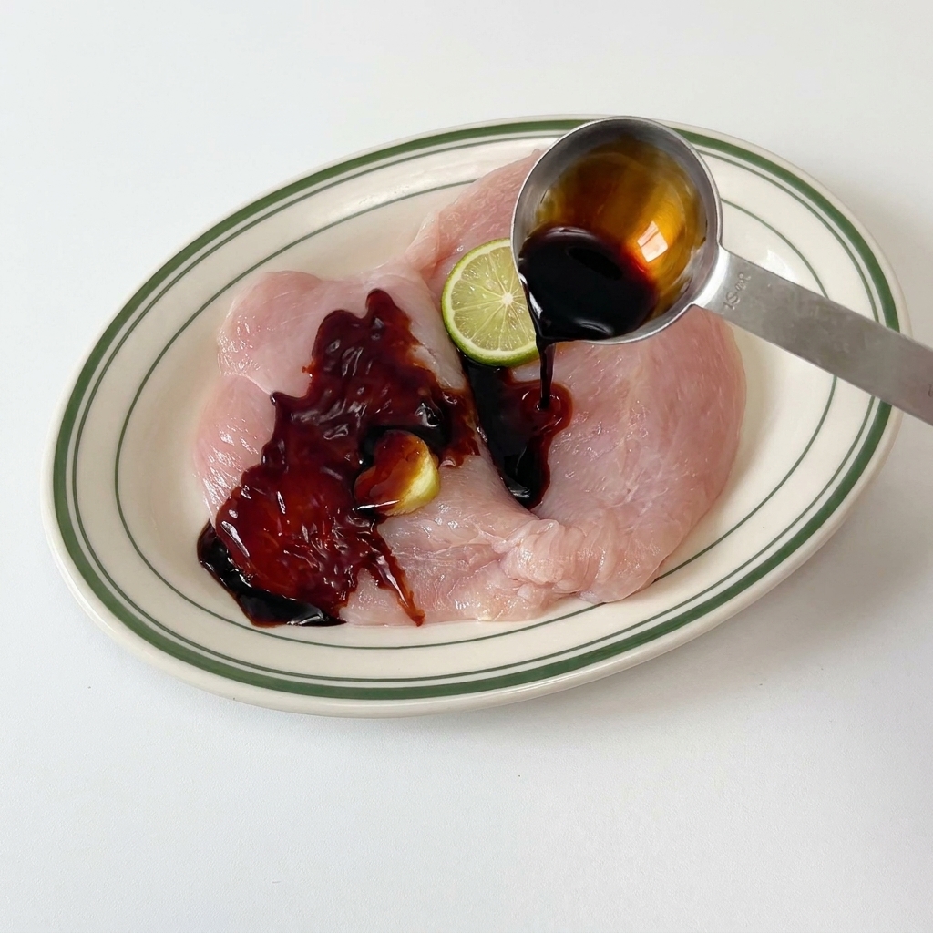 Une cuillère versant de la sauce soja sur des tranches de poulet assaisonnées de gingembre et de poivre noir.