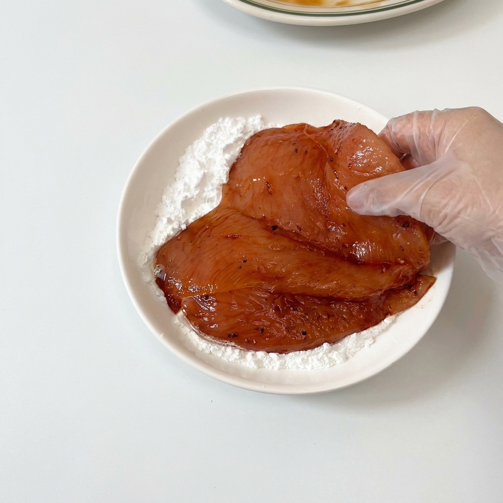 Une main pressant un morceau de poulet mariné dans une assiette remplie de fécule blanche.