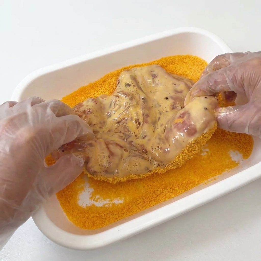 Mains pressant le poulet humide dans un lit de chapelure panko dorée.