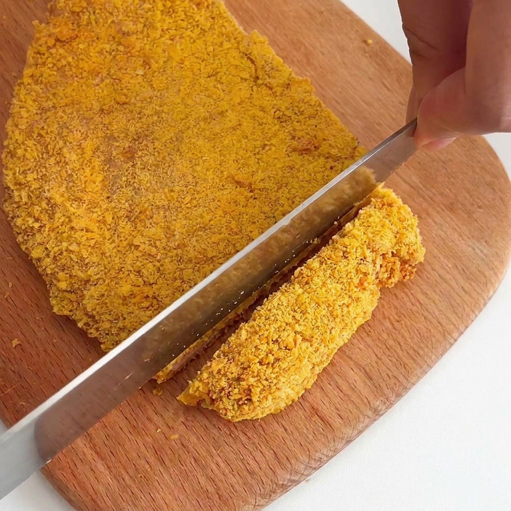 Couteau tranchant une escalope de poulet croustillante en lamelles sur une planche en bois.