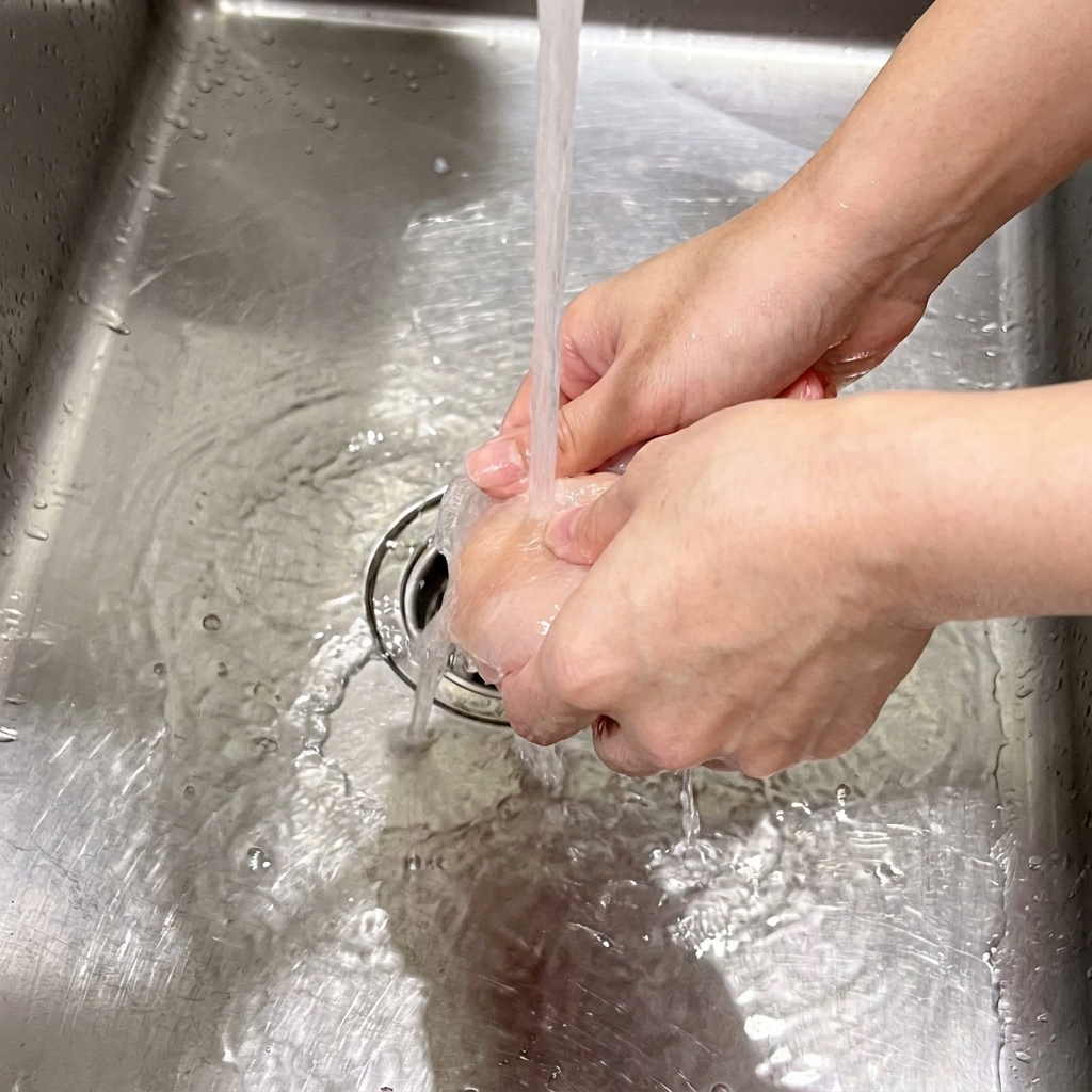 Mains tenant un blanc de poulet cru sous un filet deau fraîche au-dessus dun évier en inox.