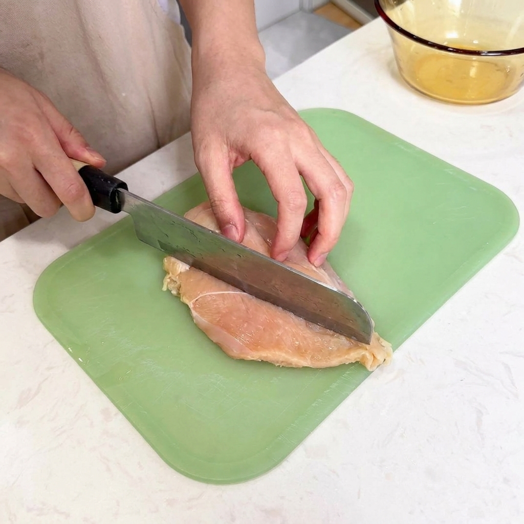 Un couteau de cuisine tranchant coupant horizontalement un blanc de poulet pour louvrir en deux.