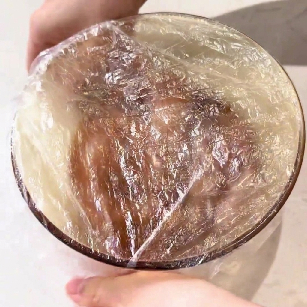 Un bol en verre contenant le poulet mariné, scellé hermétiquement avec du film étirable.