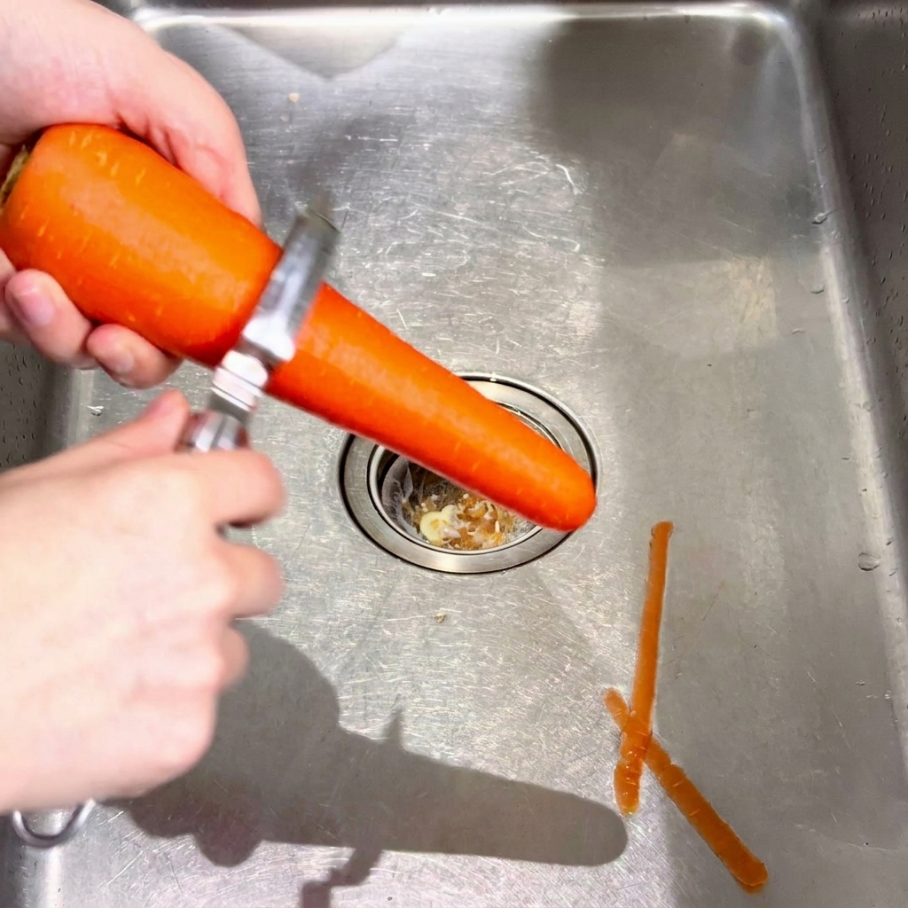 Mains tenant une carotte et un éplucheur en métal au-dessus dun évier de cuisine.