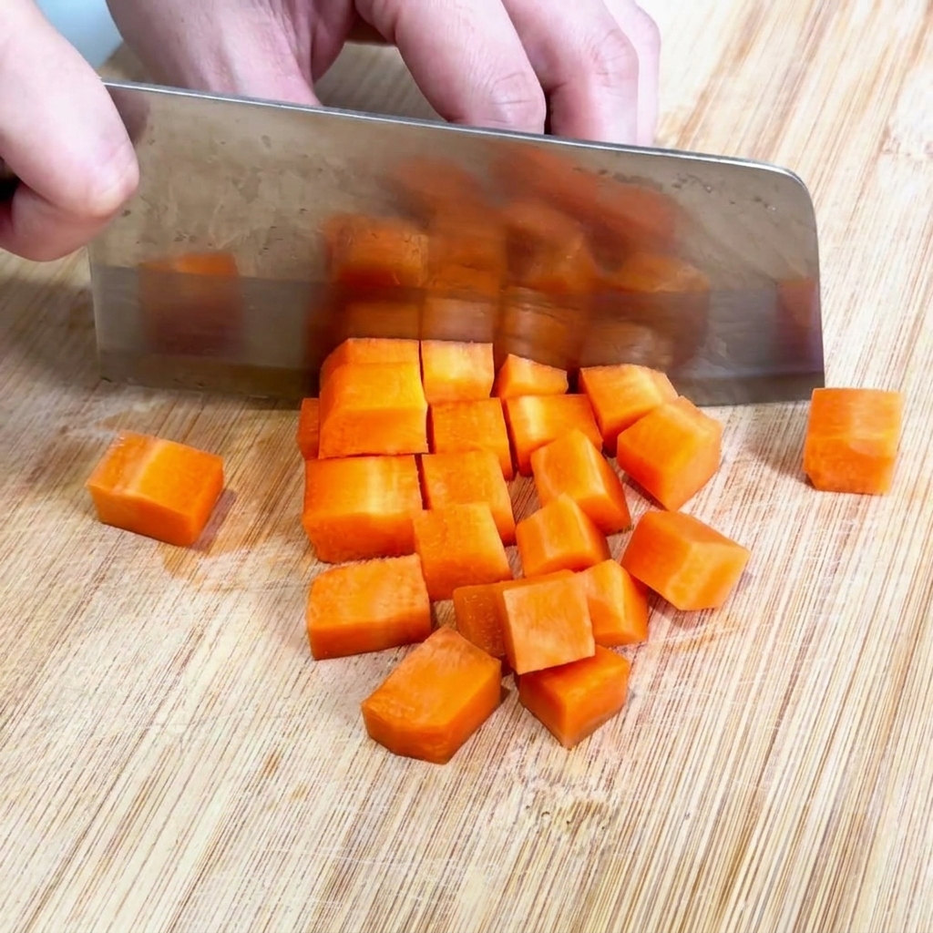 Un couteau de chef coupant une carotte orange vif en petits cubes réguliers sur une planche en bois.