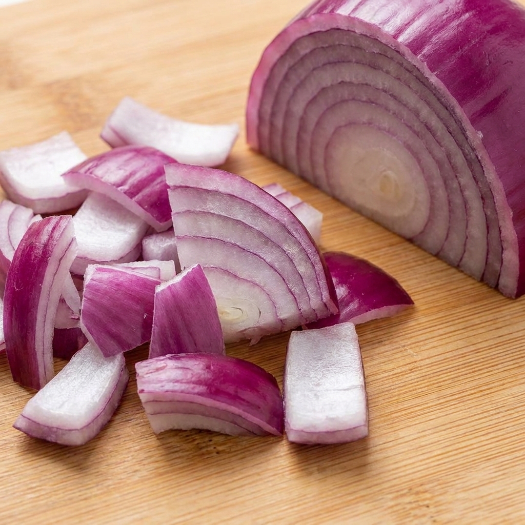 Une moitié doignon rouge sur une planche à côté dun tas de dés doignon pourpre fraîchement coupés.