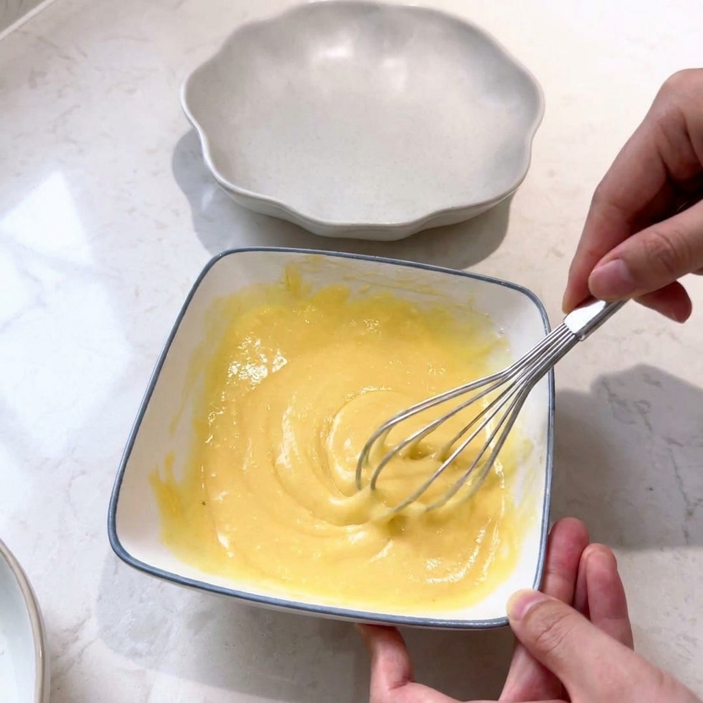 Un fouet mélangeant un œuf et de la farine dans un bol en céramique blanche pour créer une pâte jaune.