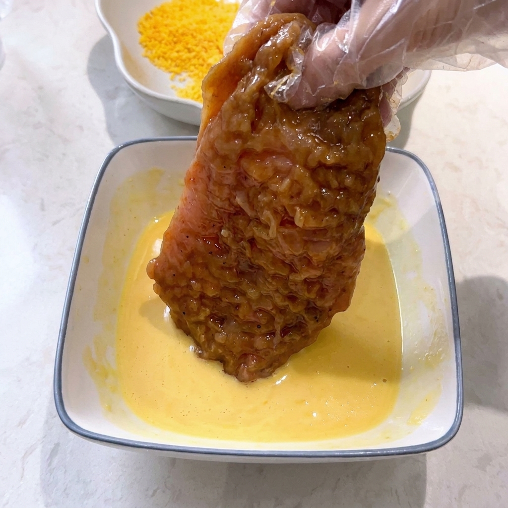 Une personne trempant un morceau de poulet mariné dans un bol de pâte jaune lisse.