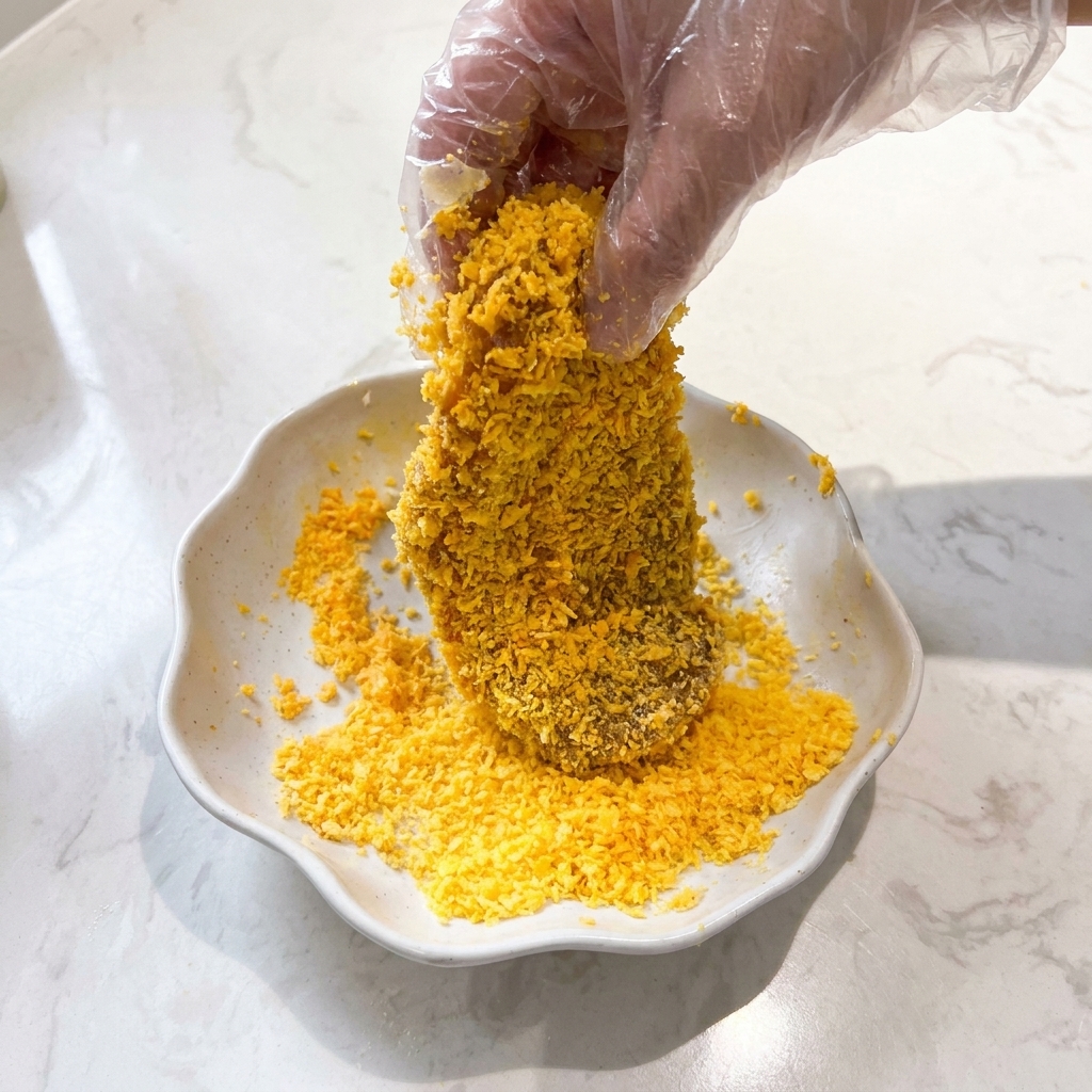 Une main pressant un poulet nappé de pâte dans un tas de chapelure panko dorée.