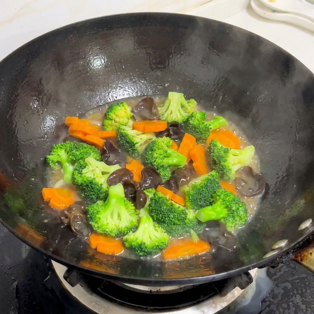 Mélange coloré de brocolis, carottes et champignons noirs sautés dans un wok avec une sauce nappante.