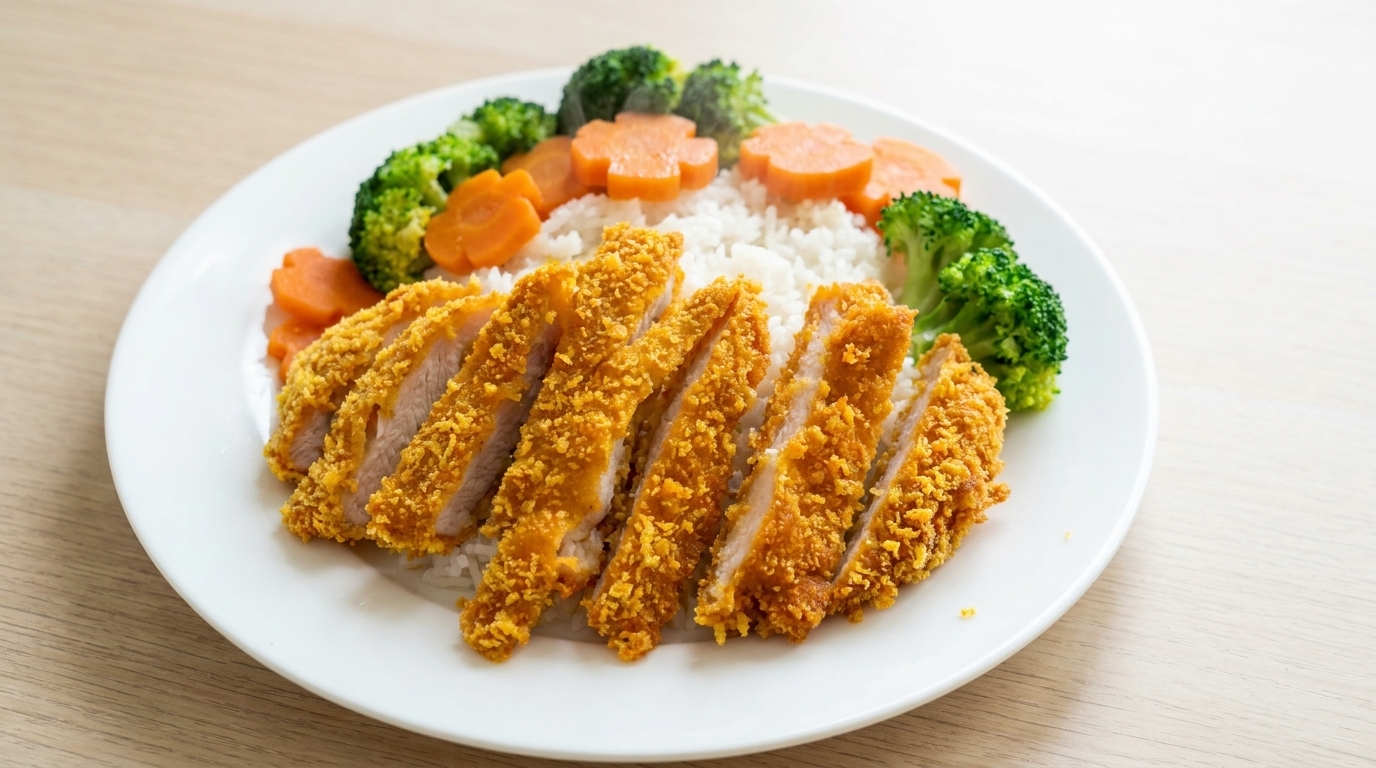 Poulet Katsu Croustillant avec Riz et Légumes en Fleurs