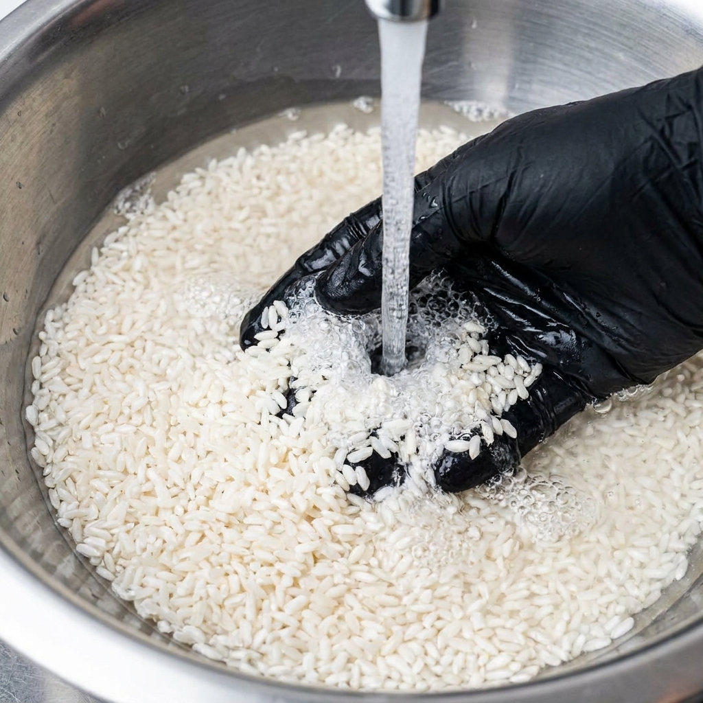 Une main gantée remuant délicatement le riz blanc dans un bol métallique sous un filet deau.