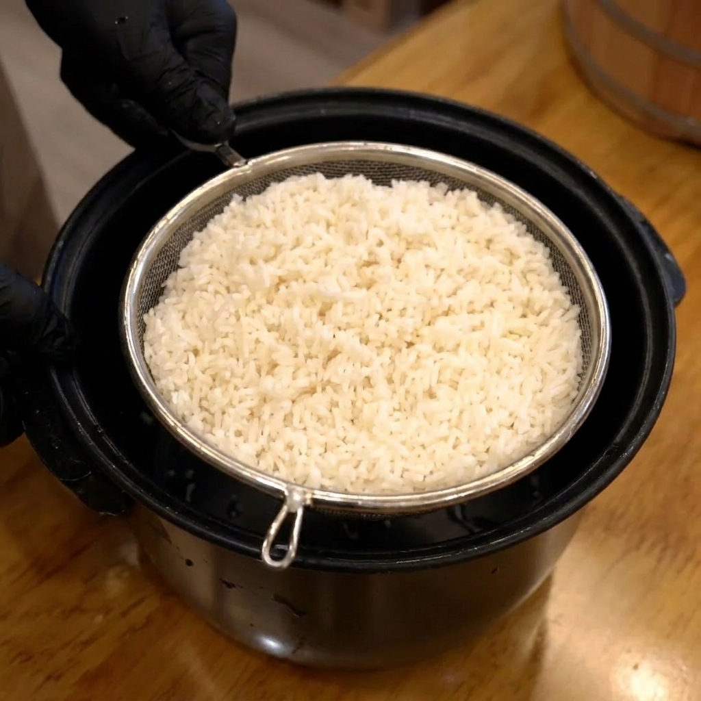 Riz blanc lavé reposant dans une passoire métallique au-dessus dun bol sombre.