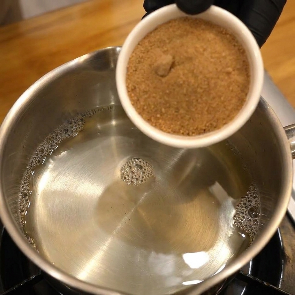 Sucre complet versé dans une casserole contenant du vinaigre de riz limpide.