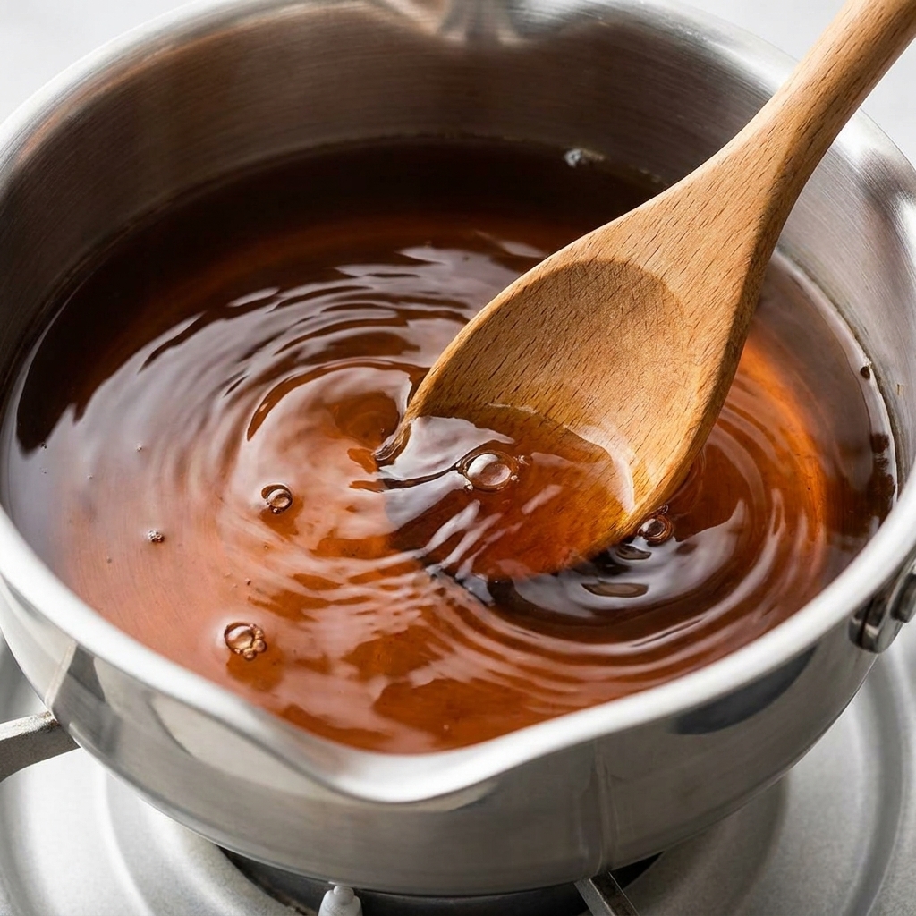 Une cuillère en bois mélangeant le vinaigre et le sucre chauffés dans une casserole.