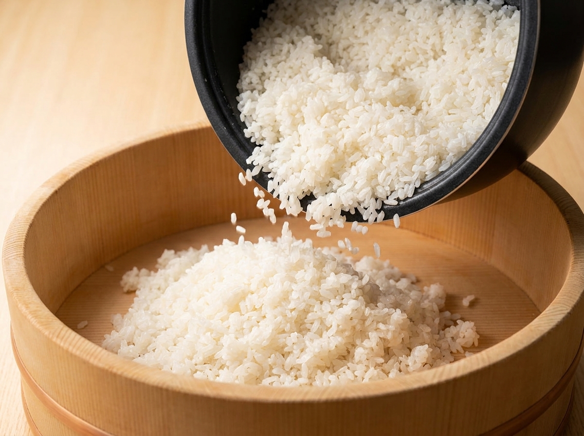 Riz blanc fumant versé dun cuiseur vers un baquet en bois traditionnel (hangiri).
