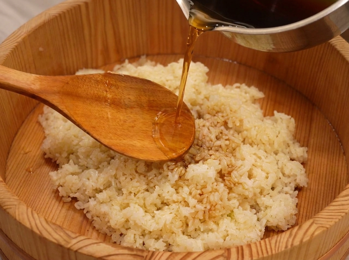 Vinaigre à sushi versé sur le riz chaud dans le baquet en bois à laide dune cuillère.