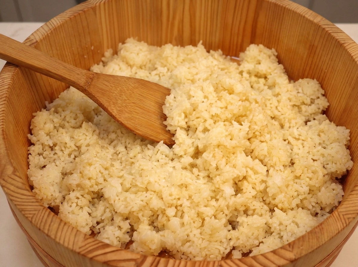 Une spatule à riz tranchant et retournant le riz assaisonné dans le hangiri.