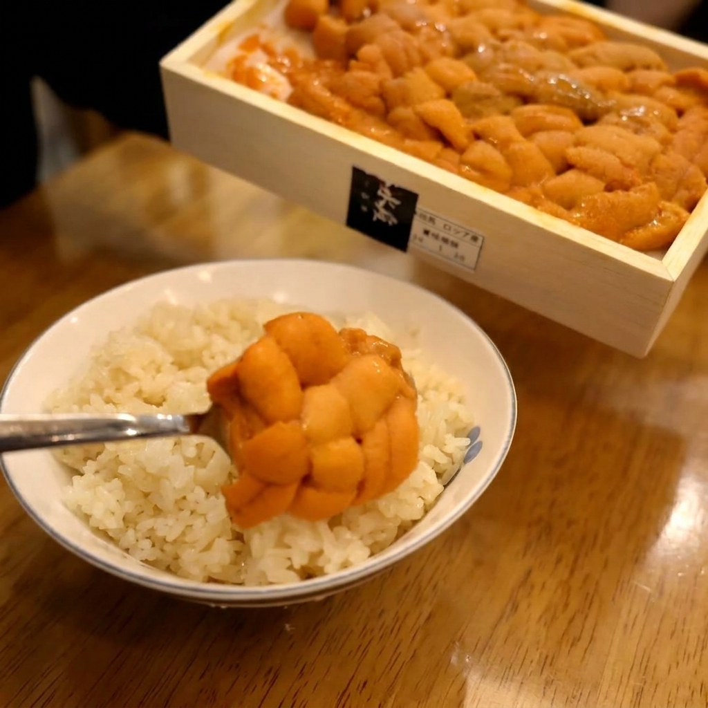 Une cuillère déposant des langues doursin et des œufs de saumon sur un lit de riz avec un quartier de citron.