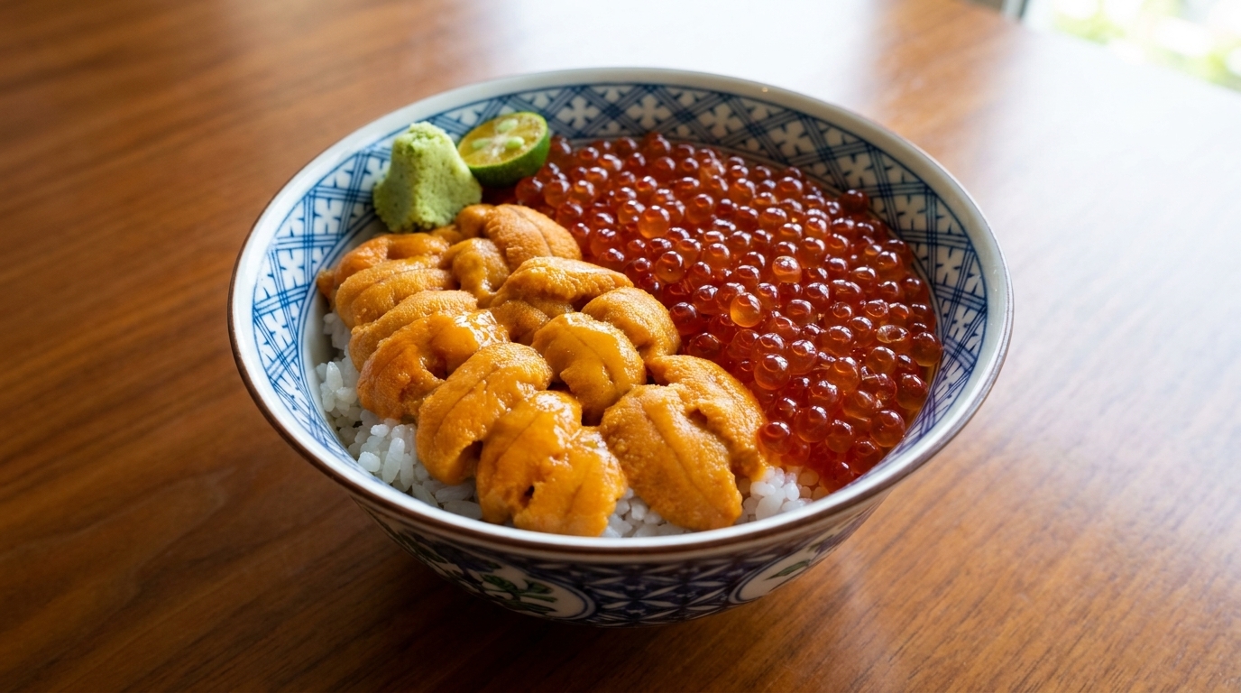 Donburi d'Exception à l'Uni et à l'Ikura (Bol de Riz à l'Oursin et aux Œufs de Saumon)