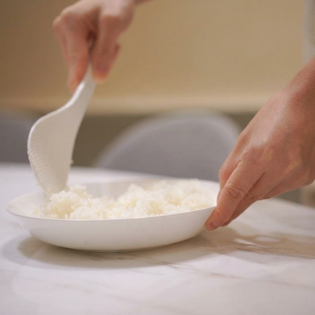 Une personne versant du vinaigre à sushi limpide sur une assiette de riz blanc cuit et bien aéré.