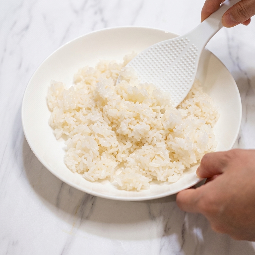 Une main utilisant une spatule à riz blanche pour incorporer le vinaigre dans le riz sur un plan de travail en marbre.