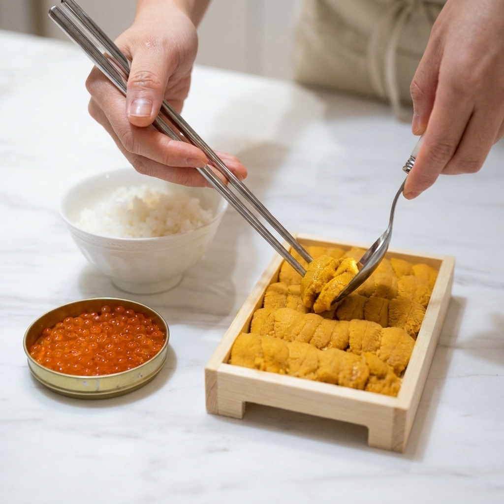 Utilisation de baguettes métalliques pour transférer des lobes doursin orange vif depuis un coffret en bois vers le bol de riz.