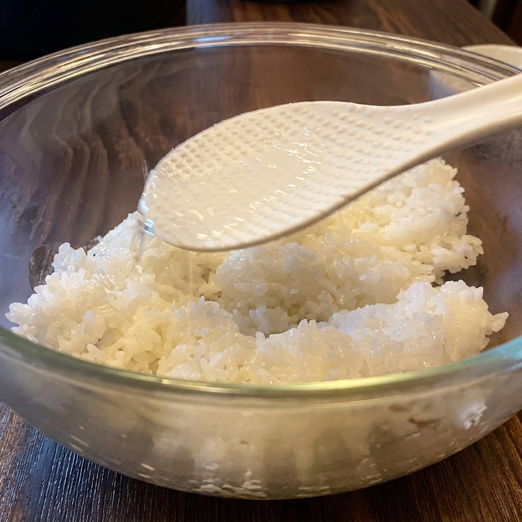Vinaigre à sushi versé sur une spatule au-dessus dun bol de riz blanc cuit.