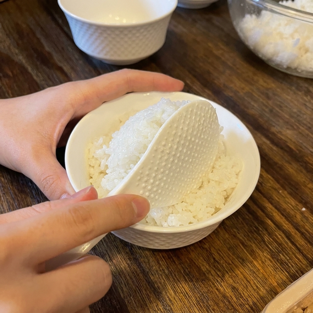 Une spatule déposant une portion de riz blanc assaisonné dans un bol en céramique blanche texturée.