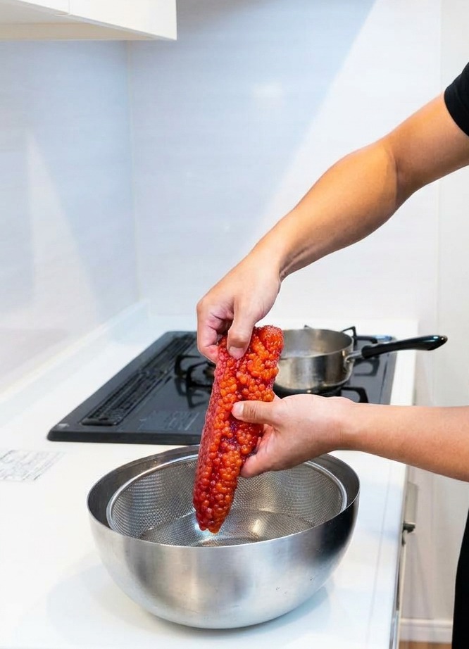 Une poche dœufs de saumon orange vif tenue au-dessus dun bol en acier inoxydable deau tiède dans une cuisine lumineuse.