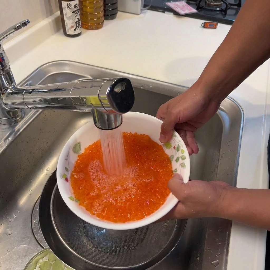 Gros plan sur des centaines dœufs de saumon orange vif dans un bol blanc rincés sous le jet dun robinet de cuisine.