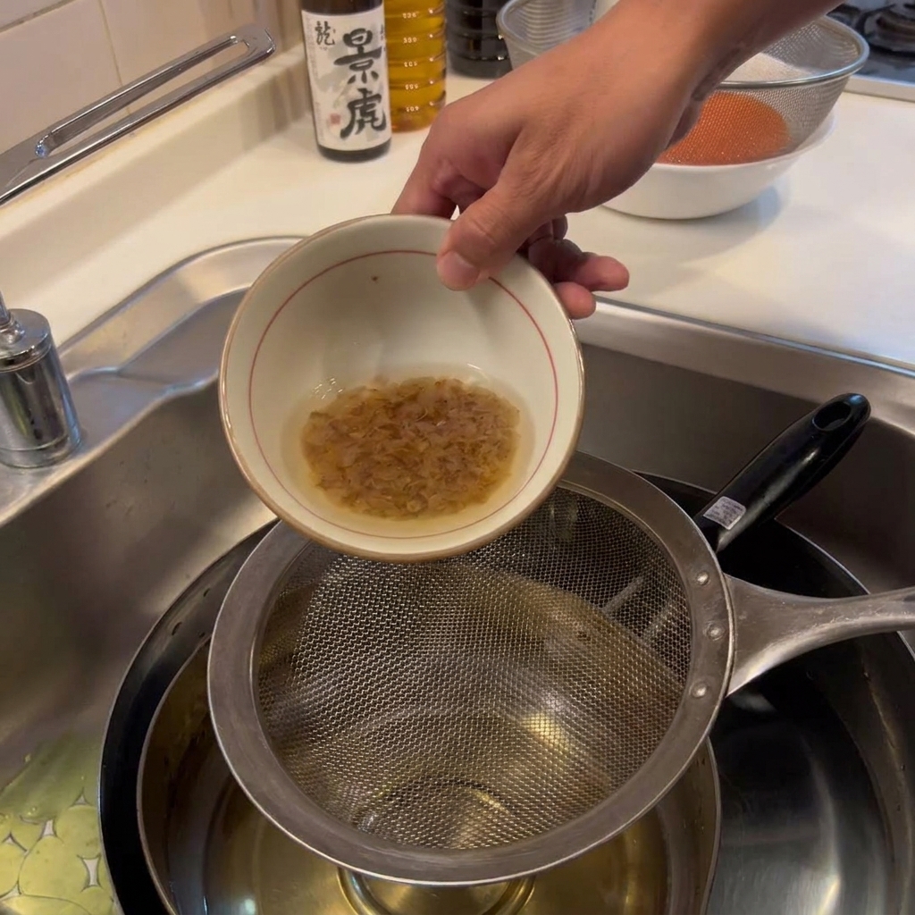 Une personne filtrant un liquide doré à travers un tamis métallique pour retirer les flocons de bonite.