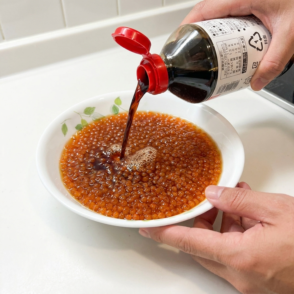 Sauce soja sombre versée dune bouteille sur un bol rempli dœufs de saumon propres et orange vif.