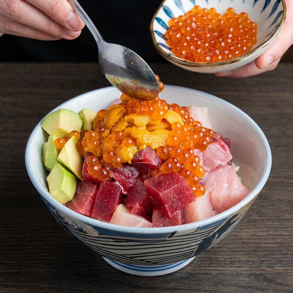 Œufs de saumon brillants versés sur loursin dans un bol de fruits de mer japonais traditionnel.